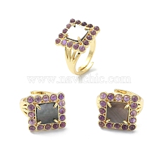 Natural Mixed Gemstone & Shell Rectangle Adjustable Ring, Real 18K Gold Plated Brass Wide Ring for Women