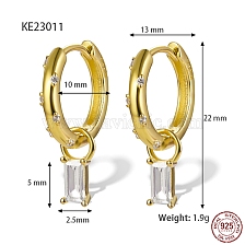 Real 18K Gold Plated 925 Sterling Silver Dangle Hoop Earrings, Rectangle Cubic Zirconia Drop Earrings, with S925 Stamp