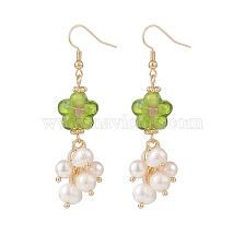 Lampwork Flower with Natural Pearl Dangle Earrings, Brass Cluster Drop Earrings for Women