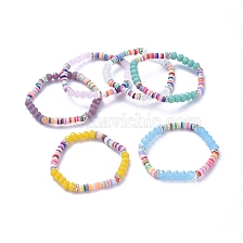 Kids Stretch Bracelets, with Polymer Clay Heishi Beads, Faceted Glass Beads and Brass Rhinestone Beads