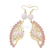 Butterfly Wing Natural Rose Quartz & Seed Beads Dangle Earrings, 304 Stainless Steel Jewelry for Women, Golden