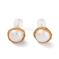 Wire Wrapped Round Natural Pearl Stud Earrings for Women, with Sterling Silver Pins