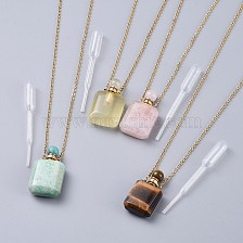 Natural Mixed Stone Perfume Bottle Pendant Necklaces, with Brass Cable Chains, Lobster Claw Clasps and Plastic Dropper