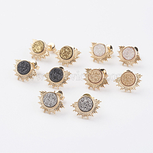 Electroplate Natural Druzy Agate Stud Earrings, with Brass Findings, Sun, Golden