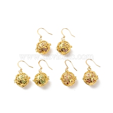 Natural Lava Rock Essential Oil Diffuser Dangle Earrings, Golden Plated Brass Round with Tree Cage Drop Earrings for Women