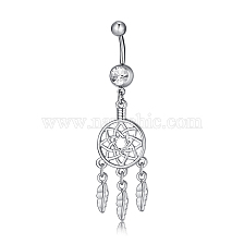 Piercing Jewelry, Brass Cubic Zirconia Navel Ring, Belly Rings, with 304 Stainless Steel Bar, Lead Free & Cadmium Free, Flower with Leaf