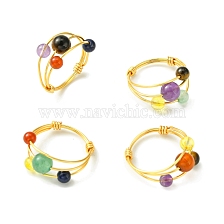 4Pcs 4 Style Natural Mixed Gemstone Braided Bead Finger Rings Set, Copper Wire Wrap Triple Lines Finger Rings