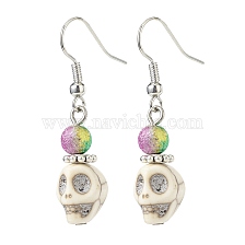 Synthetic Magnesite Skull with Acrylic Beaded Dangle Earrings, Brass Jewelry for Women