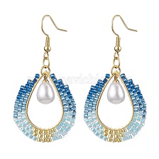 Teardrop ABS Plastic Imitation Pearl & Glass Seed Beads Dangle Earrings, 304 Stainless Steel Jewelry for Women, Golden