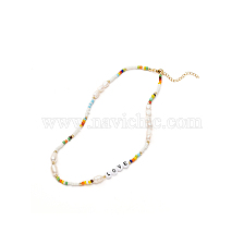 Love Beaded Necklace for Teen Girl Women, Glass Seed & Acrylic & Natural Pearl Beads Necklace, Colorful, 16.02 inch(40.7cm)