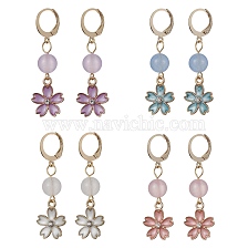 Alloy Enamel Flower Dangle Leverback Earrings, Natural Malaysia Jade Beaded Drop Earrings