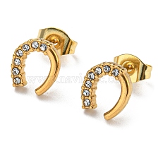 PVD Vacuum Plating 304 Stainless Steel Stud Earrings with Rhinestone for Women, Horseshoe, Golden, 9x8mm