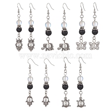 Natural Lava Rock Round Beaded Dangle Earrings, Alloy Long Drop Earrings