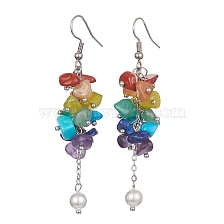 Natural Mixed Gemstone Chips Cluster Earrings, Shell Pearl Dangle Earrings with 316 Surgical Stainless Steel Pins