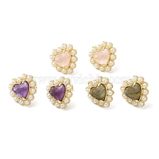 Natural Mixed Gemstone Heart Stud Earrings with Plastic Pearl Beaded, Real 14K Gold Plated Brass Jewelry