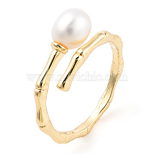 Natural Pearl Beaded Open Cuff Rings, Brass Bamboo Wrap Ring for Women