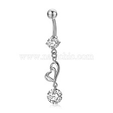 Piercing Jewelry, Brass Cubic Zirciona Navel Ring, Belly Rings, with 304 Stainless Steel Bar, Lead Free & Cadmium Free, Heart