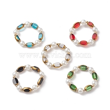 Glass Edge Plated Oval & Imitation Pearl Beaded Stretch Rings, 304 Stainless Steel Bead Jewelry for Women