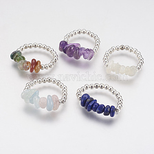 Natural Gemstone Chip Stretch Rings, with Brass Beads, Silver Color Plated