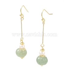 Natural Pearl & Green Aventurine Beads Dangle Earrings, Brass Long Drop Earrings for Women