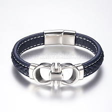 Men's Braided Leather Cord Bracelets, with 304 Stainless Steel Findings and Magnetic Clasps, Marine Blue, 8-5/8 inch(220mm)