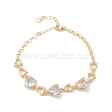 Clear Cubic Zirconia Heart Link Bracelets, Brass Rolo Chains for Women