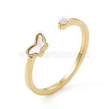 Ion Plating(IP) 304 Stainless Steel Butterfly Shell Cuff Ring for Women, ABS Plastic Imitation Pearl Open Rings