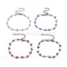 Enamel Heart with Evil Eye Link Chains Bracelet, 304 Stainless Steel Jewelry for Women