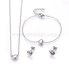 304 Stainless Steel Jewelry Sets, Pendant Necklaces & Stud Earrings & Bracelets, Heart, Stainless Steel Color, 16.93 inch(43cm), 6-3/4 inch(17cm), 7x9x2.5mm, Pin: 0.8mm