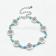 Bohemian Turquoise Beaded Bracelet with Carved Flowers