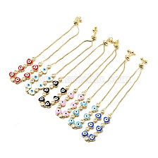 Clear Cubic Zirconia & Enamel Heart with Evil Eye Links Slider Bracelet, Gold Plated Brass Jewelry for Women, Lead Free & Cadmium Free