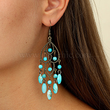 Bohemian Vintage Hollow Pattern Handmade Beaded Crescent Moon Festival Floral Pendant Earrings