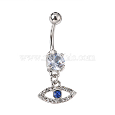 Evil Eye Drop Belly Button Rings for Women, 316 Surgical Stainless Steel Rhinestone Navel Rings, Belly Piercing Jewelry, Light Sapphire