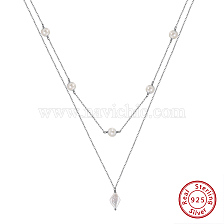 925 Sterling Silver Double Layer Necklaces, Natural Freshwater Pearl Necklaces