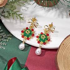 Brass Dangle Studs Earring, with Seed Glass and Plastic Pearl, For Christmas, Christmas Wreath