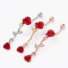 Piercing Jewelry, Brass Micro Pave Cubic Zirconia Navel Rings, Belly Rings, with 304 Stainless Steel Bar and Enamel, Rose, Red