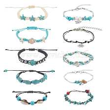 ANATTASOUL 10Pcs 10 Style Synthetic Turquoise & Natural Shell & Seed Braided Bead Bracelet & Anklet, Alloy Starfish Ocean Theme Jewelry Set for Womenl