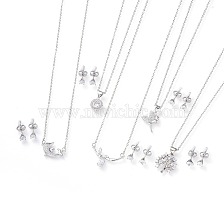 304 Stainless Steel Jewelry Sets, Brass Micro Pave Cubic Zirconia Pendant Necklaces and 304 Stainless Steel Stud Earrings, with Ear Nuts/Earring Back, Mixed Shapes, Clear