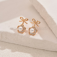 Copper Inlaid Zirconia Stud Earrings with Floral Design for Women