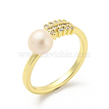 Brass Micro Pave Cubic Zirconia Rectangle Open Cuff Rings, with Natural Pearl